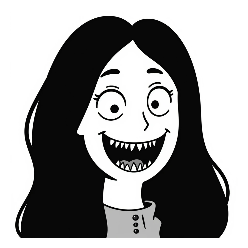 japanese horror style woman with extremely long black hair, pale white face, wide unblinking eyes, and a distorted mouth filled with hundreds of sharp jagged teeth sticker