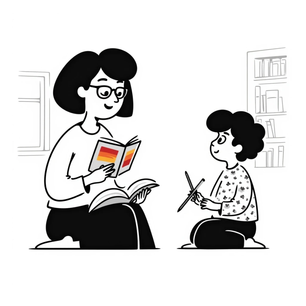 educator or speech therapist with child, who helps child with lessons sticker