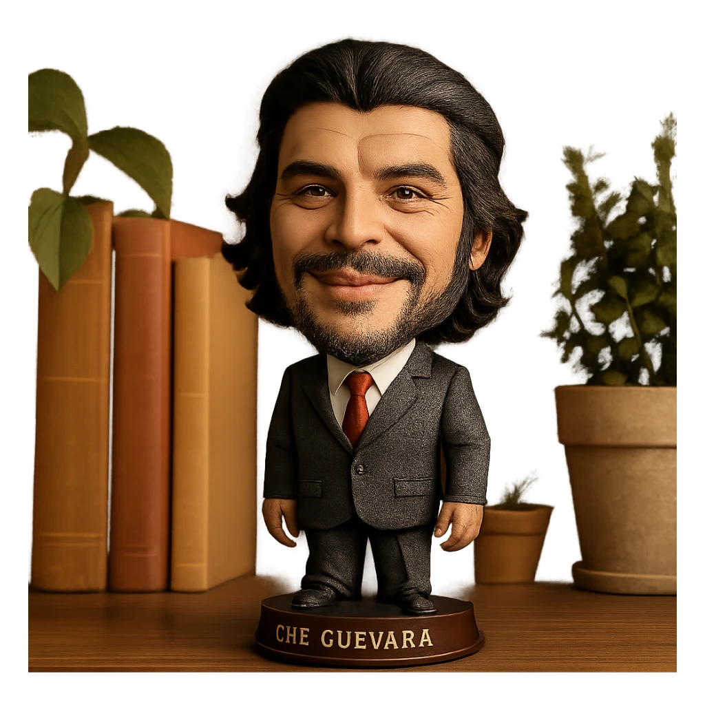 statuette of Che Guevara in a suit and tie, big head, confident smile sticker