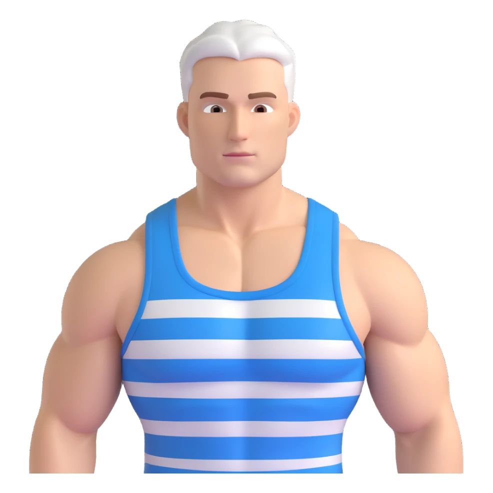 muscular white man wearing a tank top with horizontal blue and white stripes, upper body focus, neutral background sticker