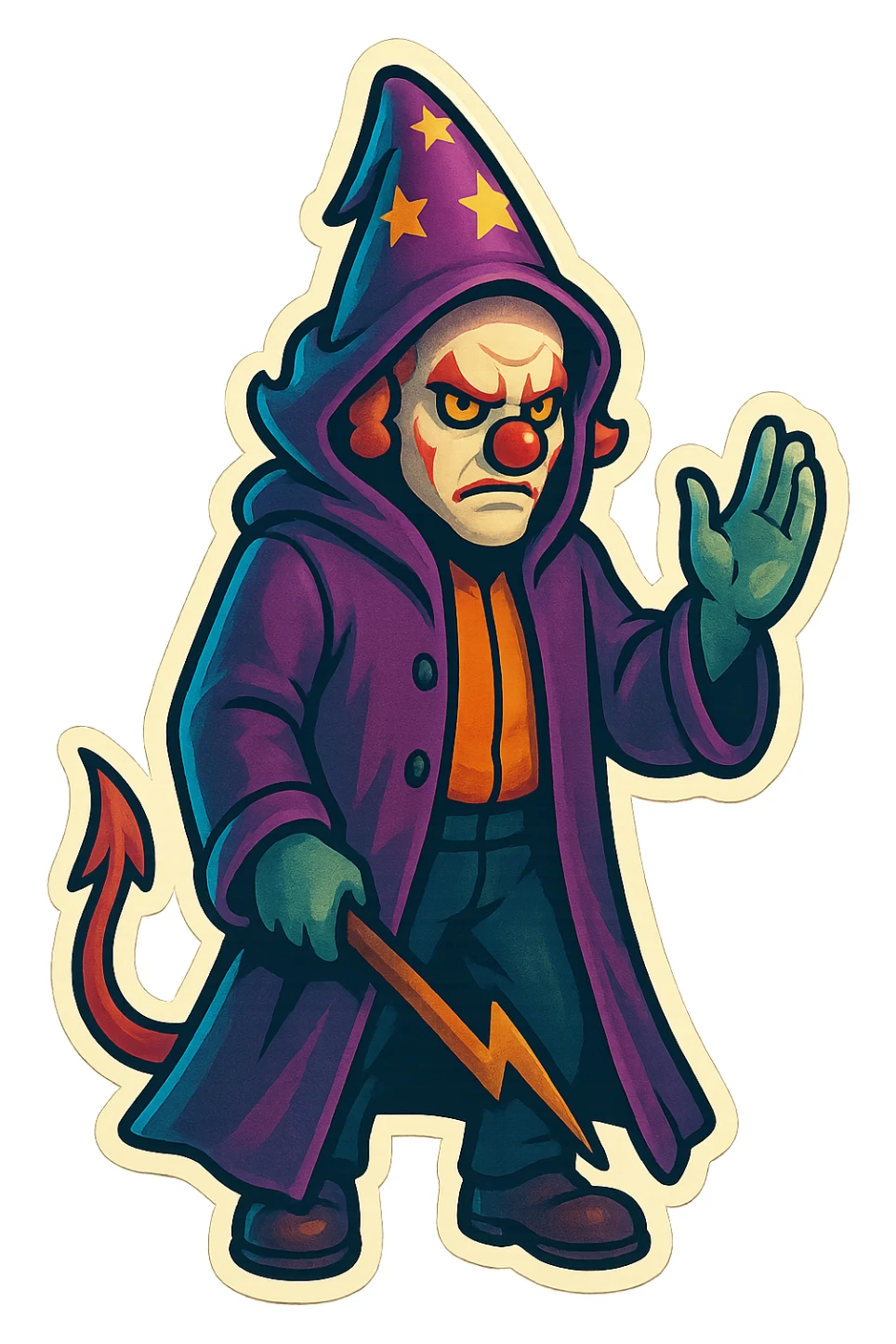 evil clown wizard in a 3/4 length unbuttoned coat with a hood, calm and serious, gesturing with one hand, mouth closed, no pentagram, no robe, no spells, visible tail sticker