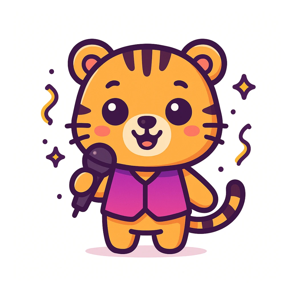 cute cartoon-style male tiger mascot with neotenic features: large round head, big shiny eyes, small nose and mouth, short arms and legs, chubby body, smiling happily, standing upright, wearing a purple and fuchsia vest or shirt, holding a microphone, surrounded by soft party elements like confetti, bold outlines, soft colors purple to fuchsia gradient, gold accents, white, clean vector style, extremely cute, evokes tenderness, plain white background sticker
