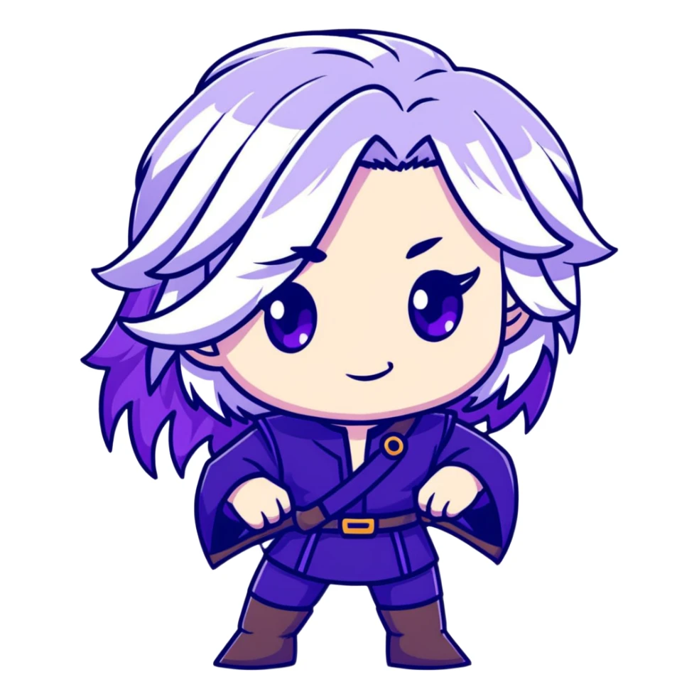Chibi Sable Ward from Dead by Daylight with long white hair with purple streaks and fully purple eyes, detailed and expressive, cute exaggerated style with large expressive eyes and clear emotion sticker