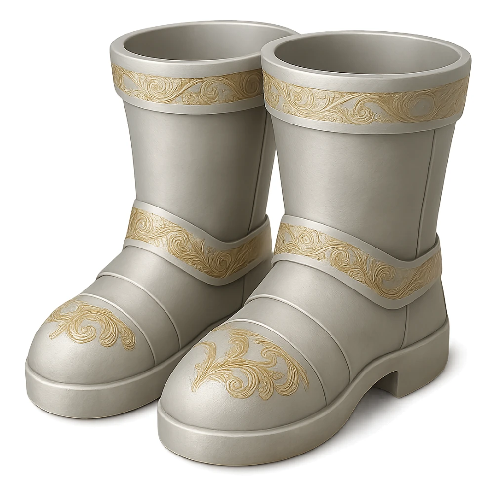 Recolor these boots to a very light metallic silver color with subtle, elegant gold engravings. The gold tone and style should match the gold tone of the provided silver shield reference, with the gold being soft and not too yellow or green. The background should be transparent. sticker