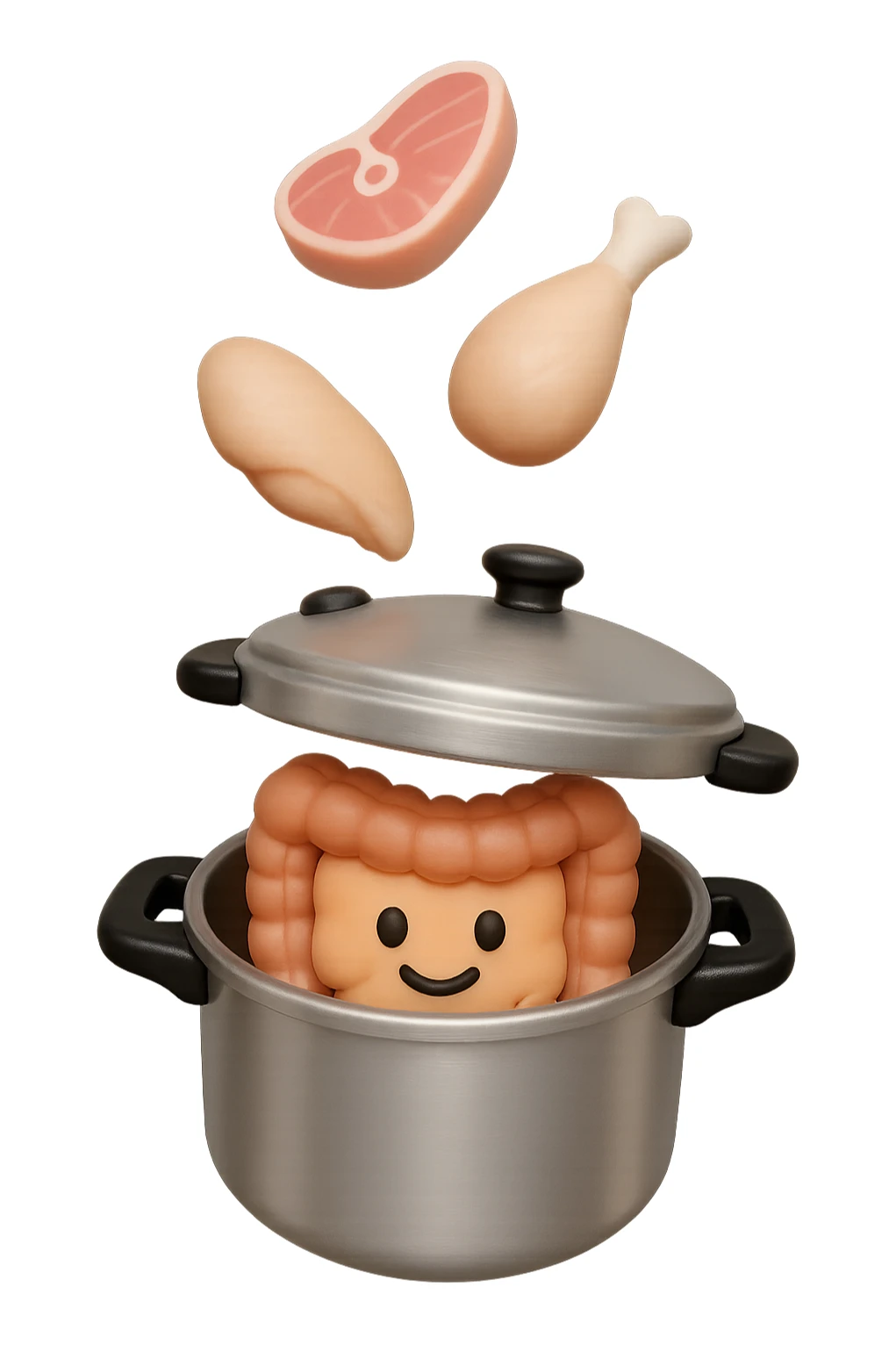 emoji stile iphone in 3d di una pentola a pressione dentro cui cadono agnello, pollo, tacchino crudi e un intestino umano felice da cuocere, iperrealistico 4k sticker