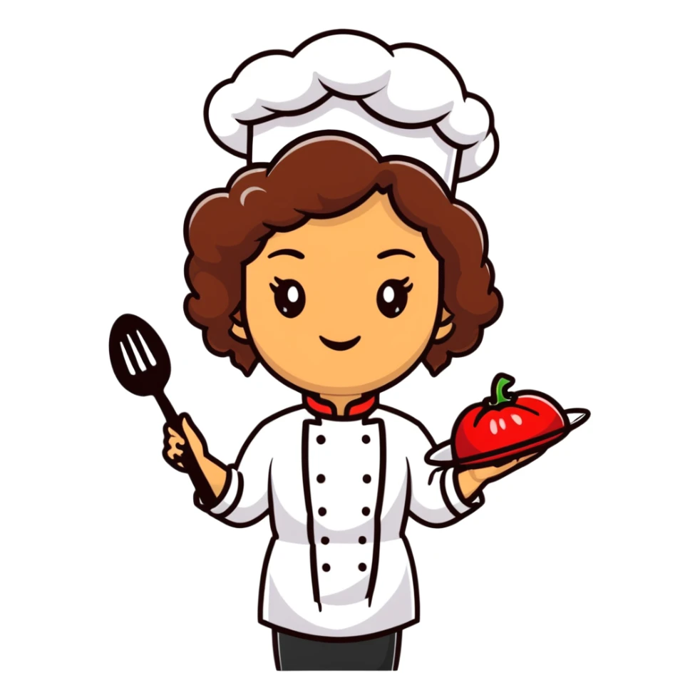 Mixed-race female chef with medium-length curly brown hair, wearing a chef's hat (toque), with both an angel halo and devil horns on her head sticker