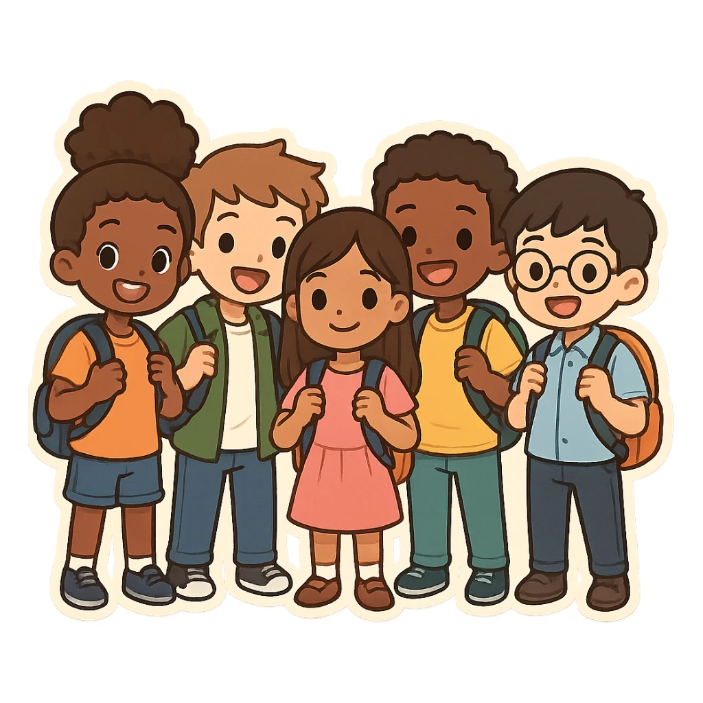 group of 5 diverse school students standing together smiling wearing backpacks cartoon style sticker