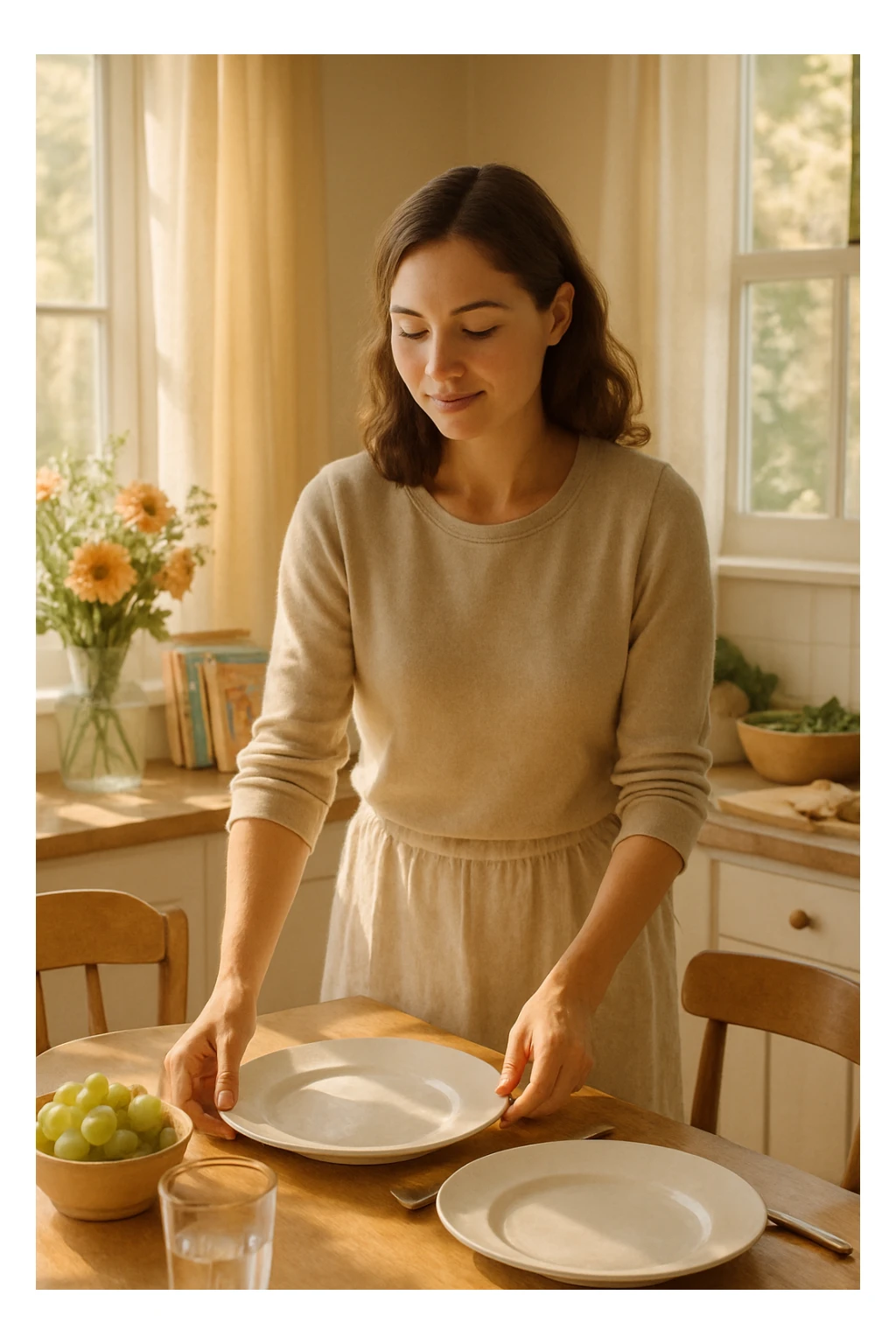 "Donna tra i 30 e i 40 anni, all’interno della sua casa luminosa, mentre prepara la tavola o accudisce i figli con un’espressione dolce e serena. Indossa abiti semplici e curati, simbolo di cura e presenza. Sullo sfondo si vedono dettagli di una casa armoniosa: fiori freschi, libri per bambini, un pranzo in preparazione. La scena trasmette calore, dedizione e stabilità familiare. Elementi visivi di supporto: luce solare che entra dalla finestra, atmosfera calda e rassicurante. Stile realistico con toni caldi e tenui sticker