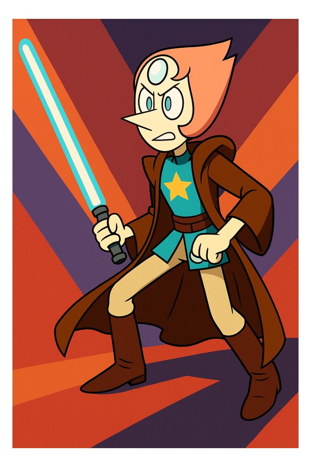 Pearl from Steven Universe in Jedi attire, ready for battle, Star Wars crossover, vibrant colors sticker