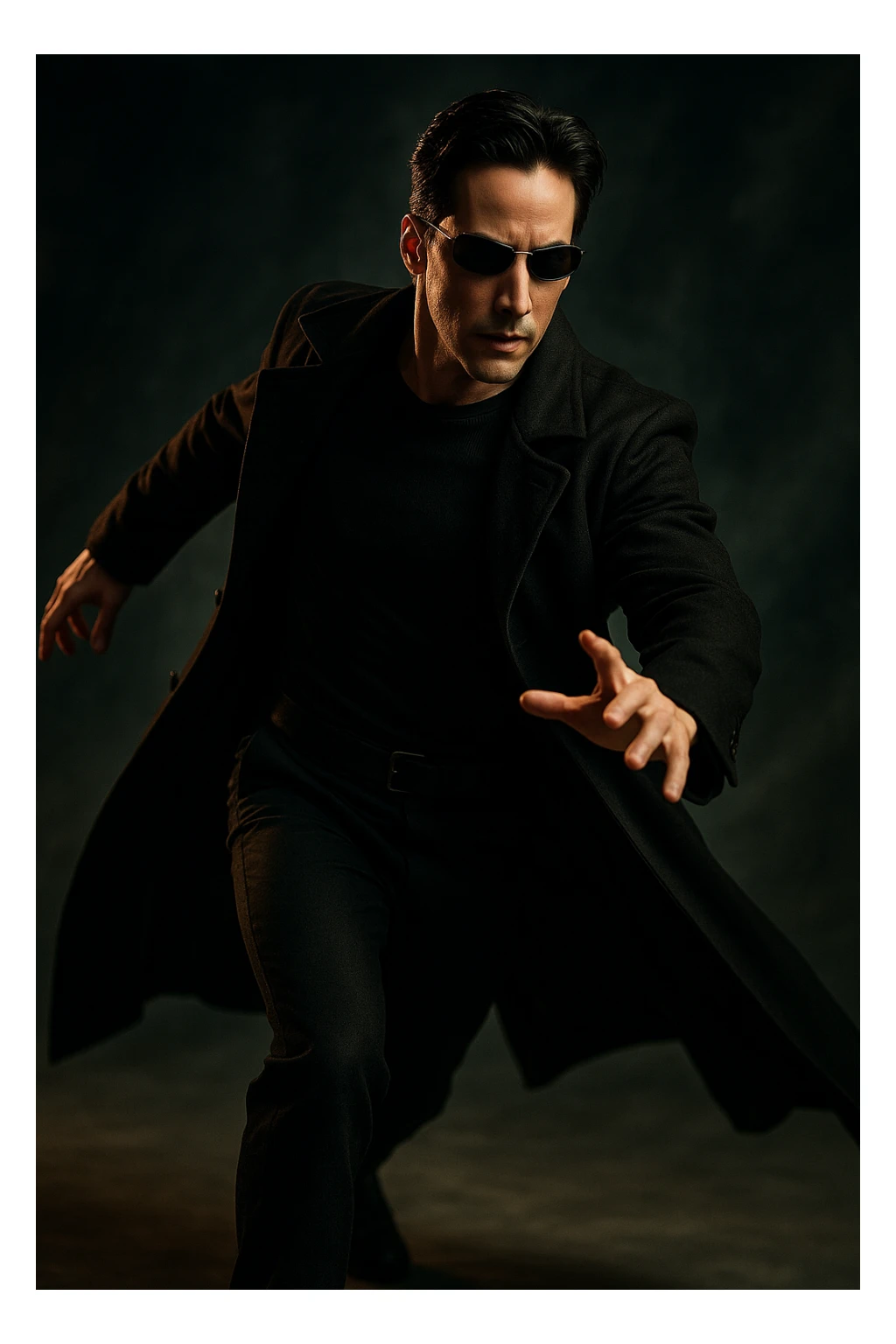 Neo from the Matrix, wearing a long black coat and sunglasses, in a cool action pose, cinematic style sticker