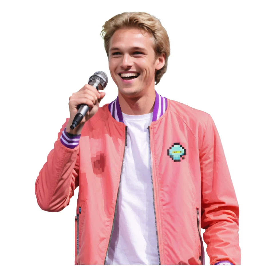 Pixel art style, expressive male performer, Caucasian features, short sandy blonde hair, lively eyes, wide cheerful smile, wearing a coral violet jacket over white tee, tossing a microphone in one hand, waist-up, front-facing sticker