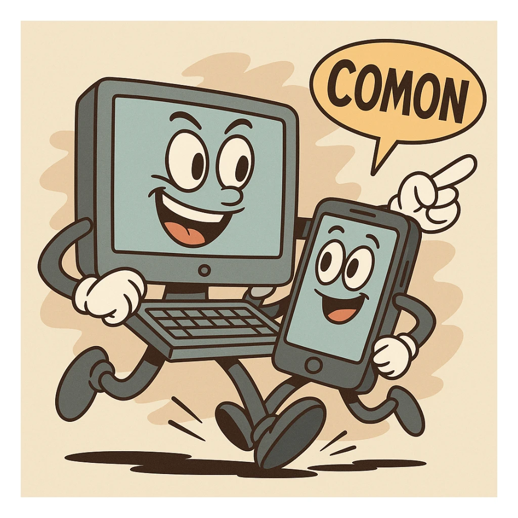 A computer and a phone depicted as allies or fighters for the ComOn service, working together seamlessly. sticker