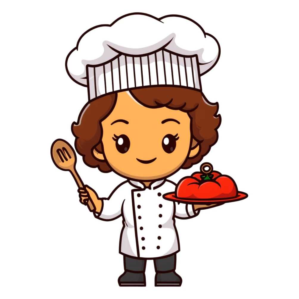 Light brown skinned mixed-race female chef with medium-length curly brown hair, wearing a chef's hat (toque), with both an angel halo and devil horns on her head sticker