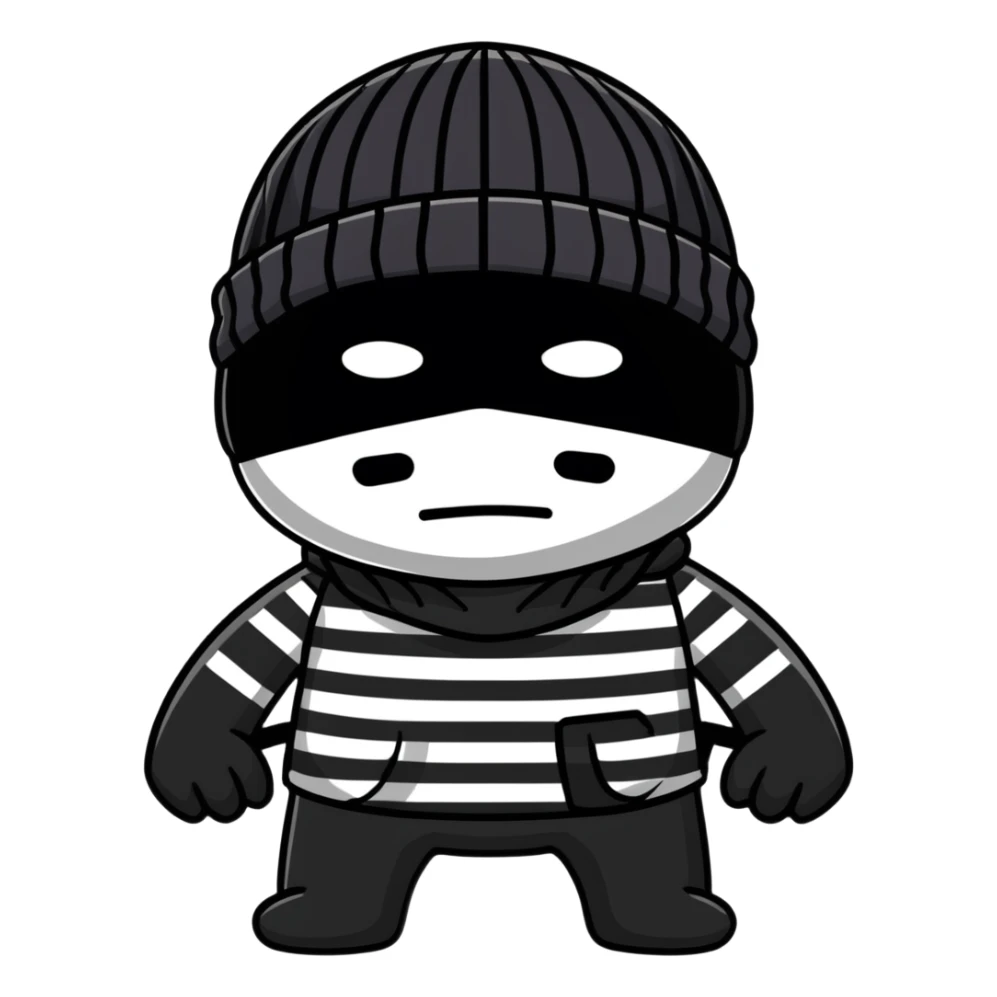 character with black and white striped shirt, black beanie, black mask over eyes sticker