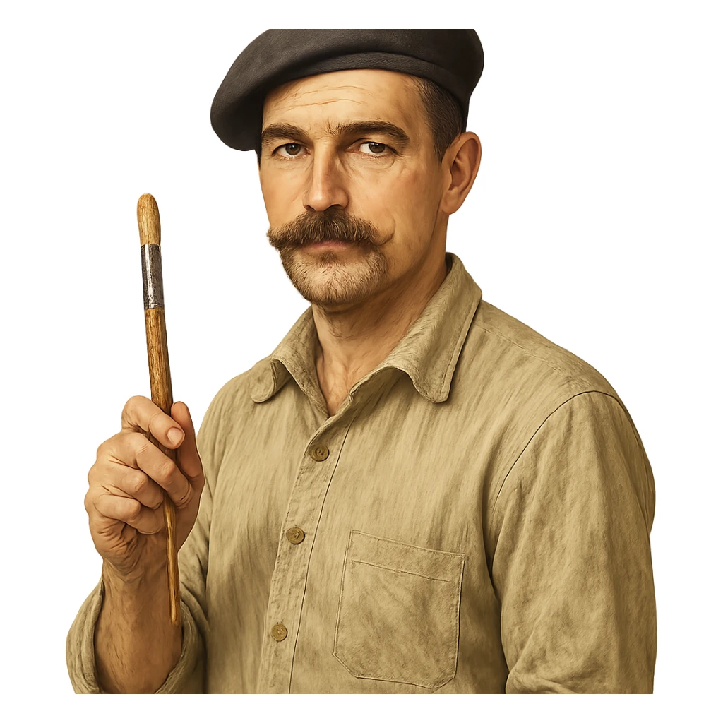 man with a moustache and short hair, painter, holding a paintbrush, wearing a beret sticker