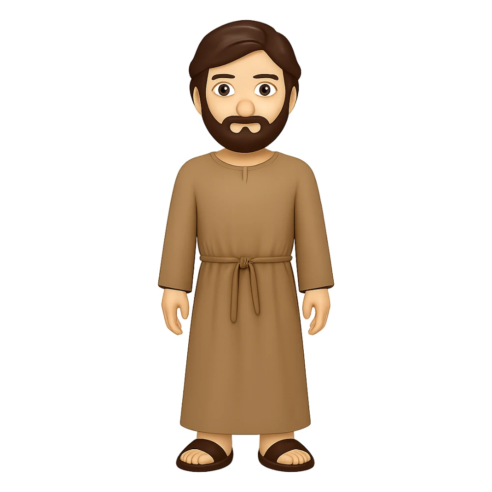 Create a full body, standing front view emoji style illustration of Saint Joseph wearing a long tan robe similar to the reference. He has dark brown hair and a beard. The style should be consistent with emoji style and the background should be removed. Produce new variations similar to previous results. sticker