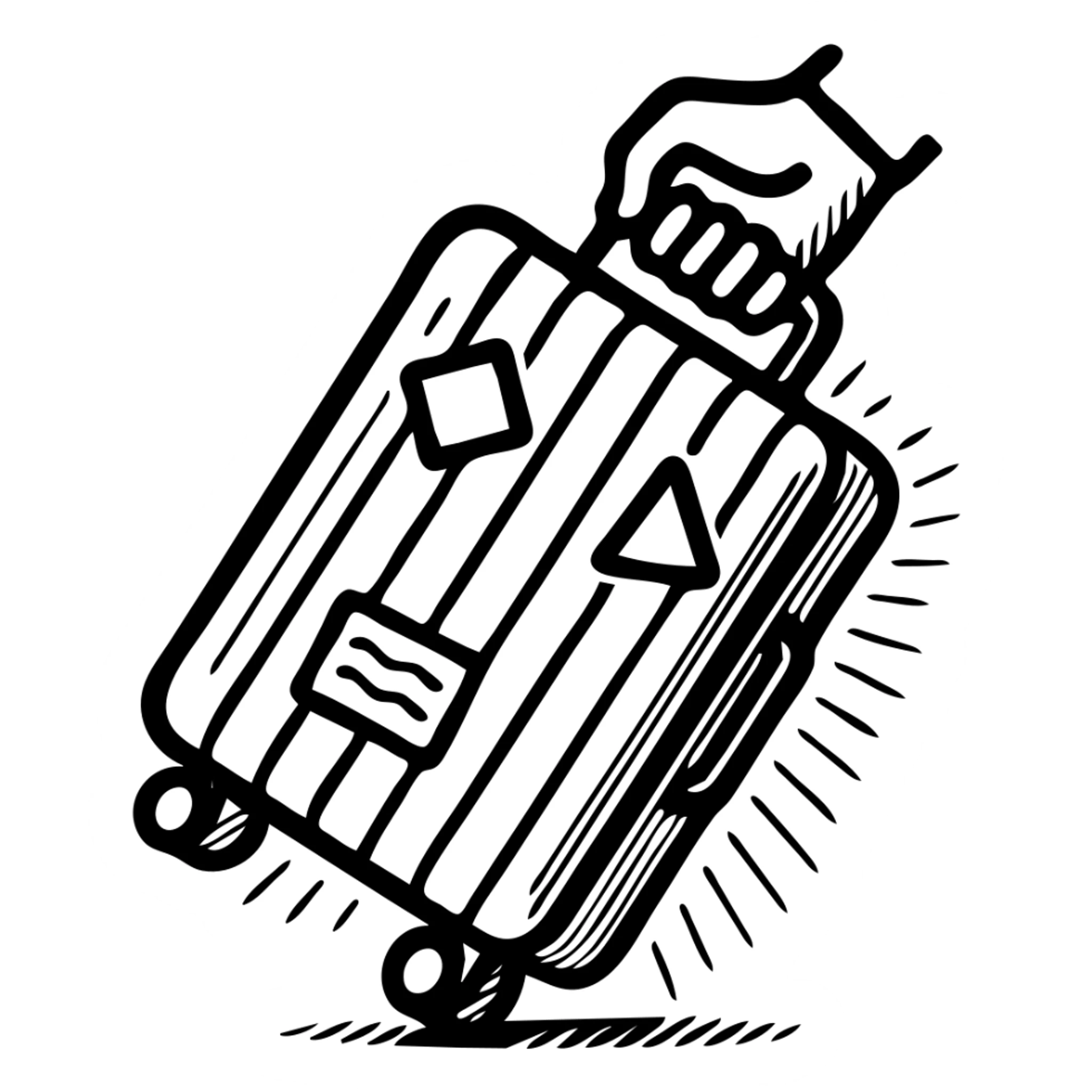 ribbed travel suitcase with handle and wheels, shown at a slight angle or being held in a hand, decorated with travel stickers, bold clear outlines, expressive sharp shadows and highlights, no smooth color gradients sticker