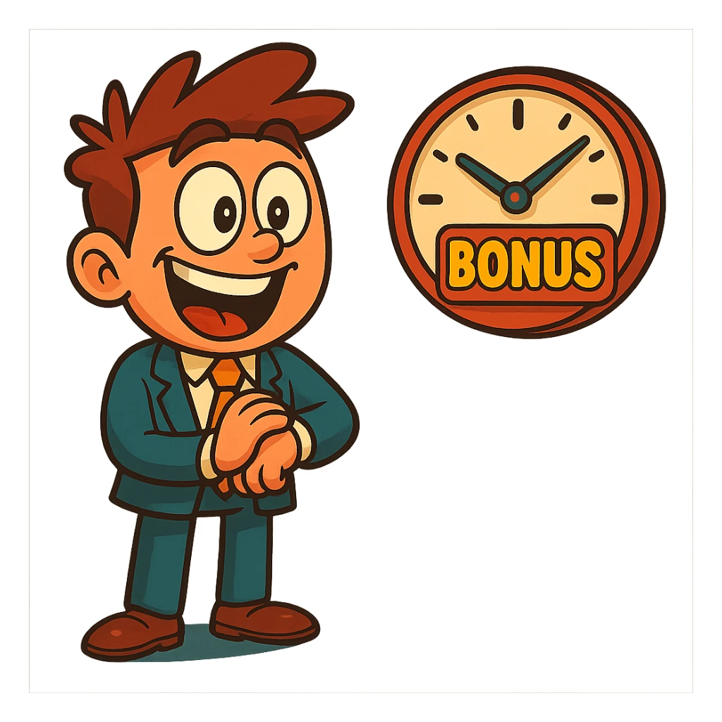 Make the cartoon character look very excited and thrilled while looking at the clock, with wide eyes and a huge grin. Keep the style consistent with the original and maintain a transparent background. sticker