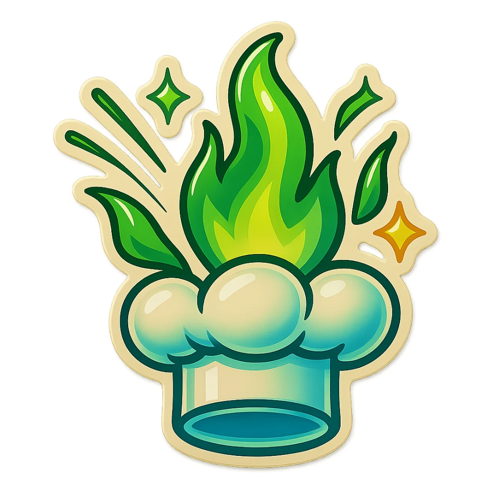 chef's hat explode with trails of fires, emoji, playful, magic flame green gradient, vibrant, flame matching style reference file sticker
