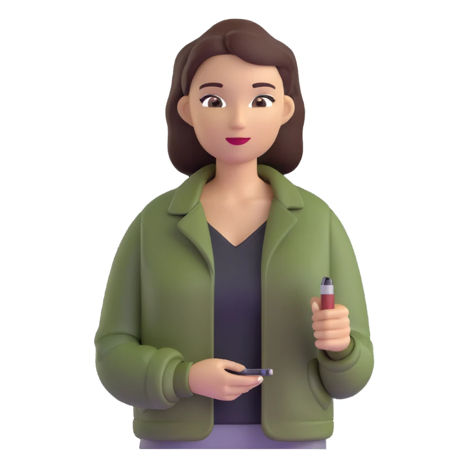 woman wearing dark olive green jacket over a lighter green top sticker