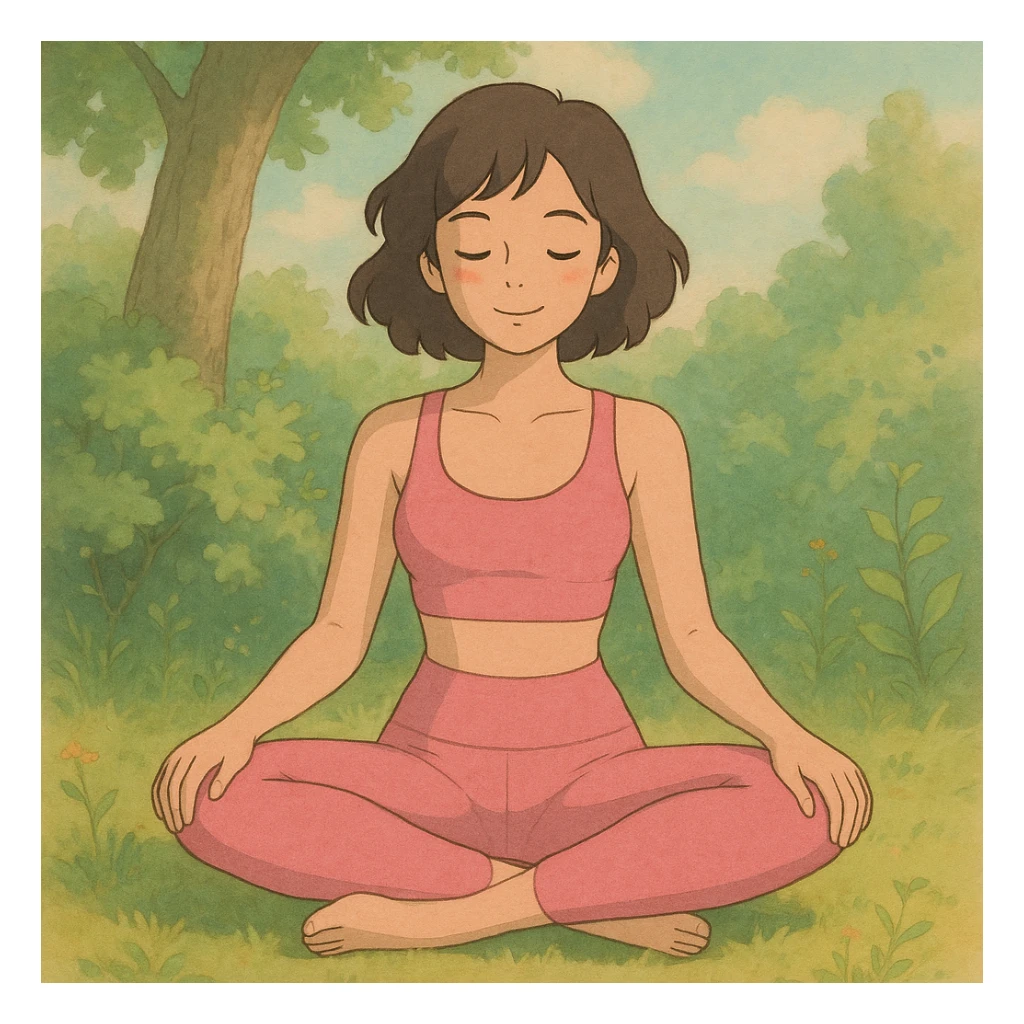 woman sitting cross legged in a pink workout set, ghibli-inspired, gentle lighting sticker