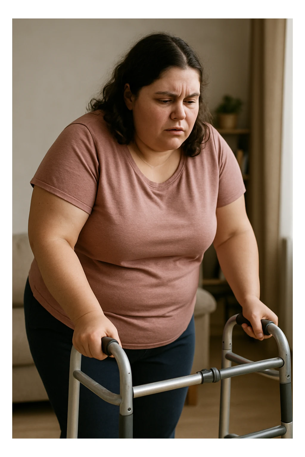 Donna con problemi difficoltà  nella mobilità a causa della sua PCOS, immagine realistica sticker