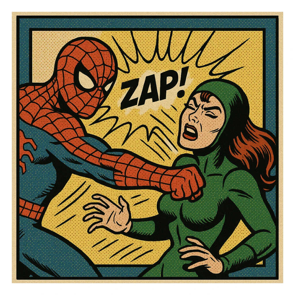 Spiderman hitting a woman villain, dynamic action scene, classic comic book style, dramatic and intense sticker