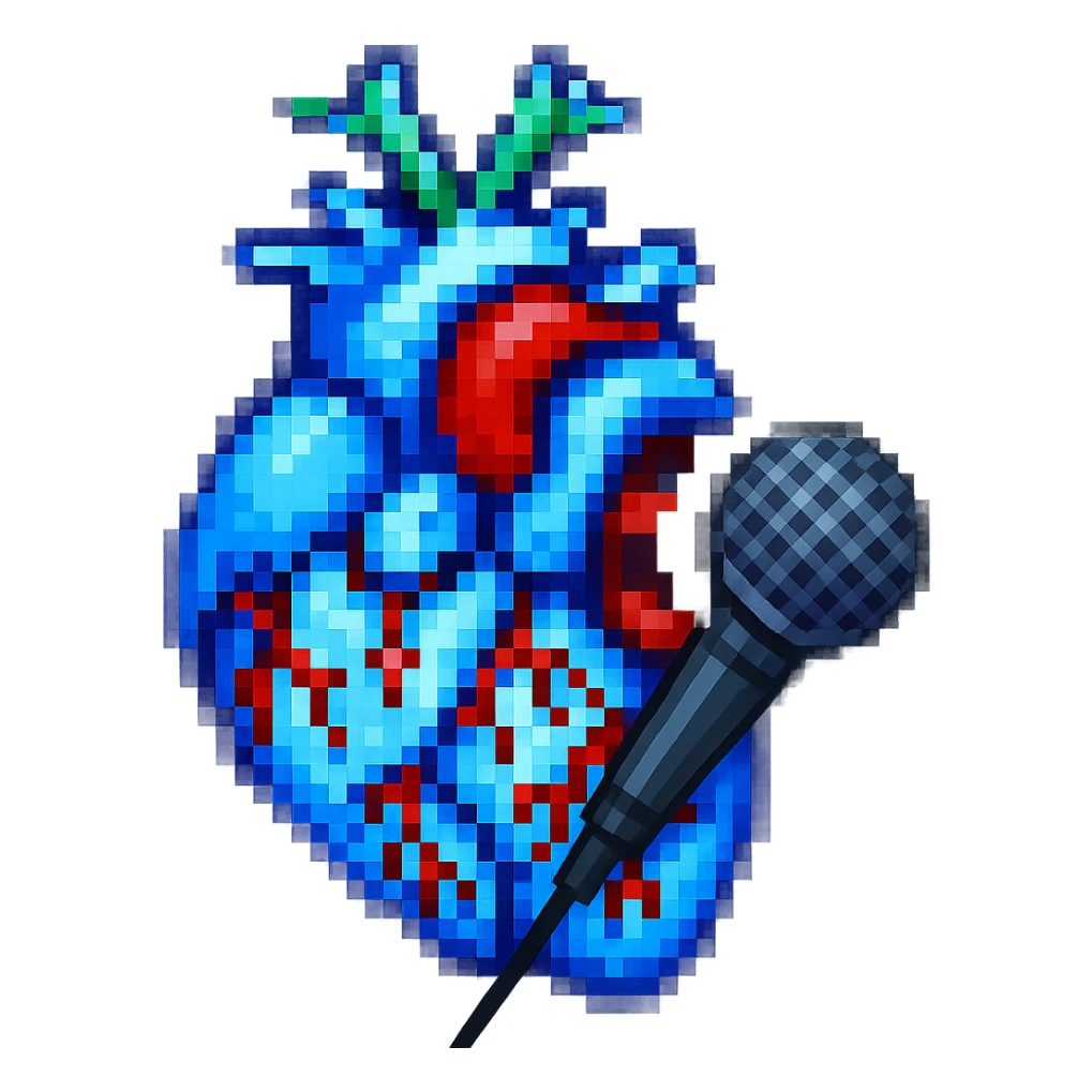 Add a microphone to the singing anatomical heart in pixel art style, keep the pixel art look and no background. sticker