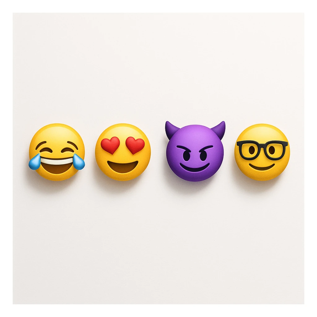 make four emojis on white background with good amount of shadow, four emojis of smiley's only. one laughing, second heart eyes, third purple devil and four black glasses emojis  sticker