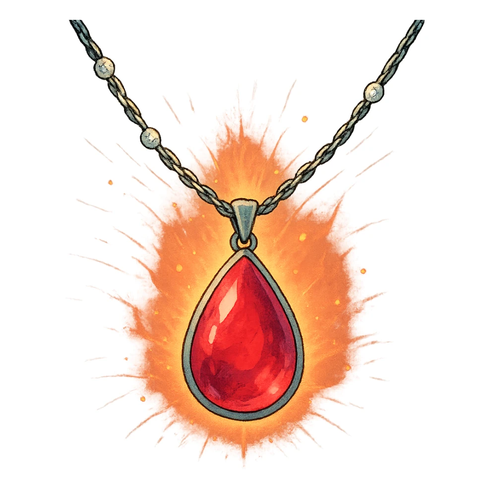 A teardrop ruby pendant with a silver chain and white stones, radiating a luminous aura of passion and renewal sticker