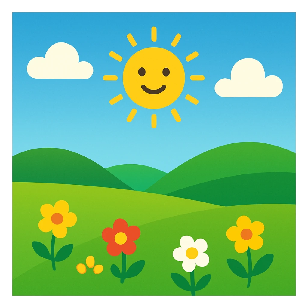 sunny landscape with green grass and blue sky, bright and cheerful, colorful, simple shapes, emoji style inspiration sticker