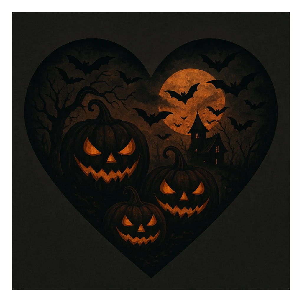 heart with Halloween theme, spooky, pumpkins, bats, dark colors sticker