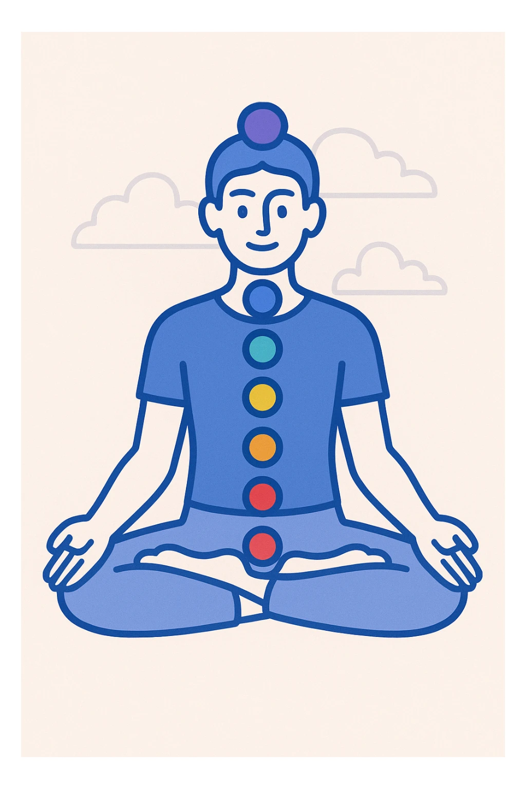 human silhouette meditating in lotus posture with aligned chakras marked with vibrant colors at each energy point, neutral background, clear and modern illustration style sticker
