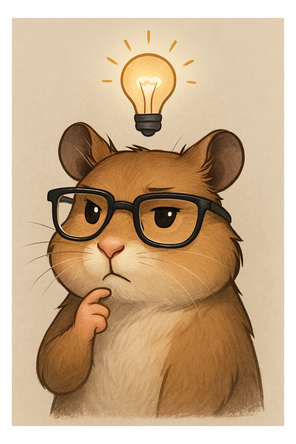 a modern, semi-realistic hamster thinking about an idea, wearing cool glasses, with a lightbulb above its head, sophisticated illustration style, mature and contemporary look sticker