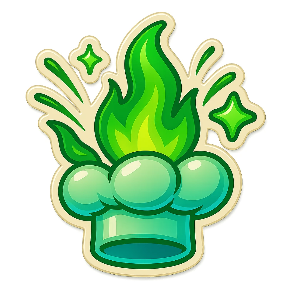 chef's hat explode with trails of fires, emoji, playful, magic flame green gradient, vibrant, flame matching style reference file sticker