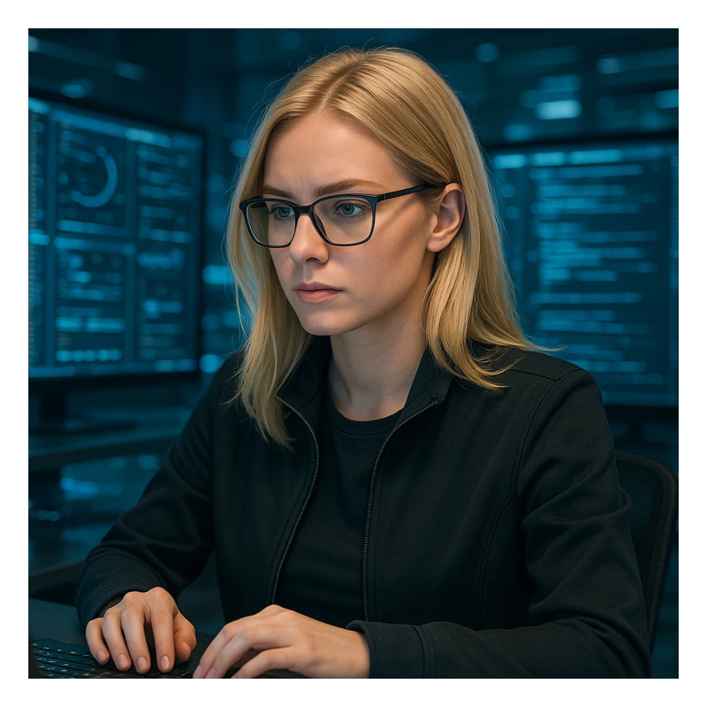 blonde girl working in IT, modern tech style, professional, focused, digital environment sticker