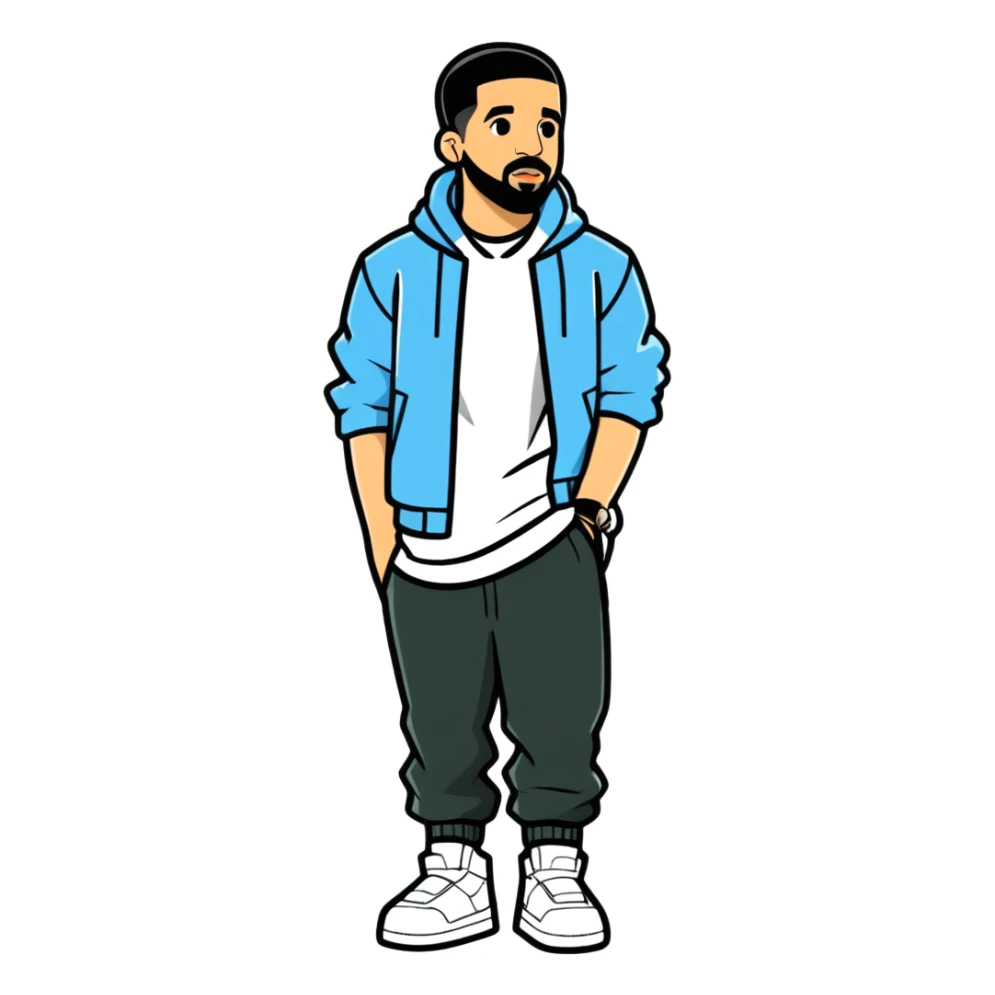 8k, 5000x5000px, 1.5wx1.5h, clean, smooth lines, no background. Celebrity actor and rapper from Scarborough ontario, 2022 digital full body view illustration of Drake sticker