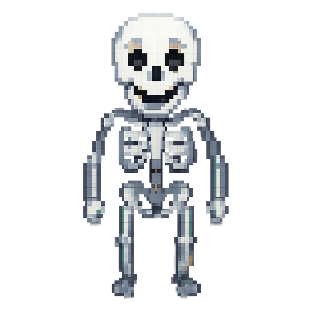 A surprised skeleton in pixel art style, version 3, with a happy expression. sticker