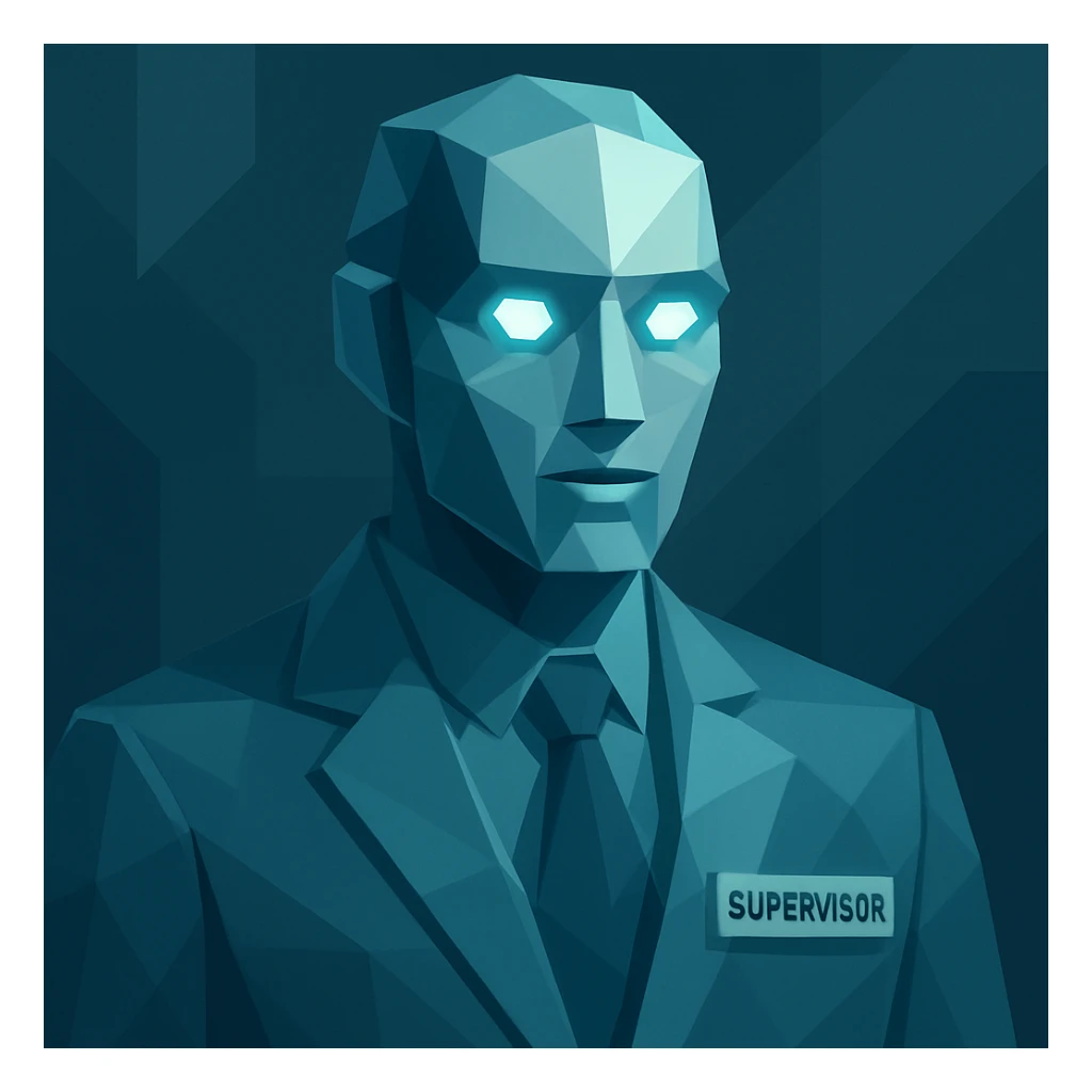 supervisor AI agent, modern style, geometric AI face with glowing eyes, futuristic and approachable sticker