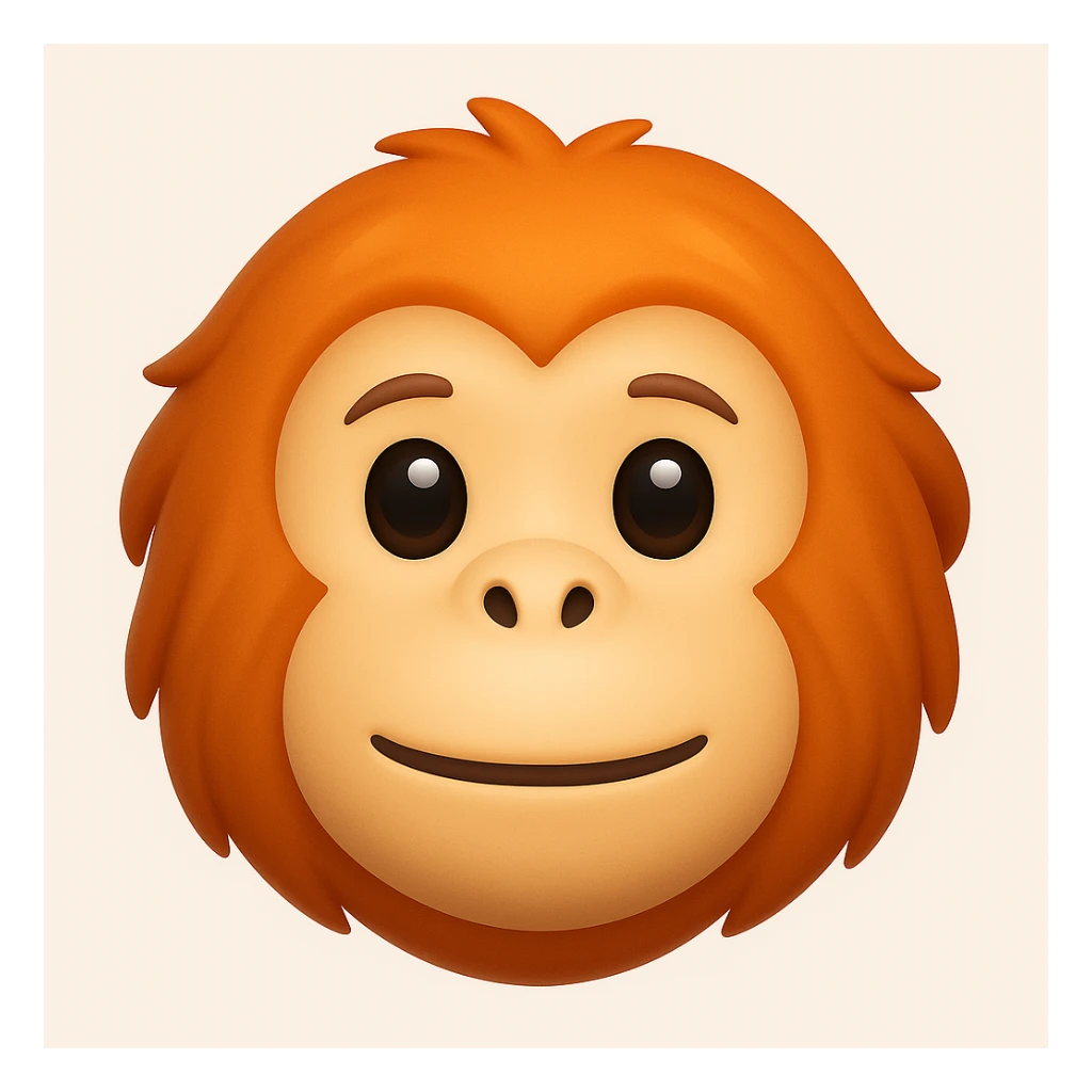 Make a more iOS emoji-like image that looks exactly like the reference: orangutan face, 3D, shiny, smooth gradients, soft shadows, and a friendly emoji look. The style should mimic the iOS emoji style with smooth shading and a friendly expression. sticker