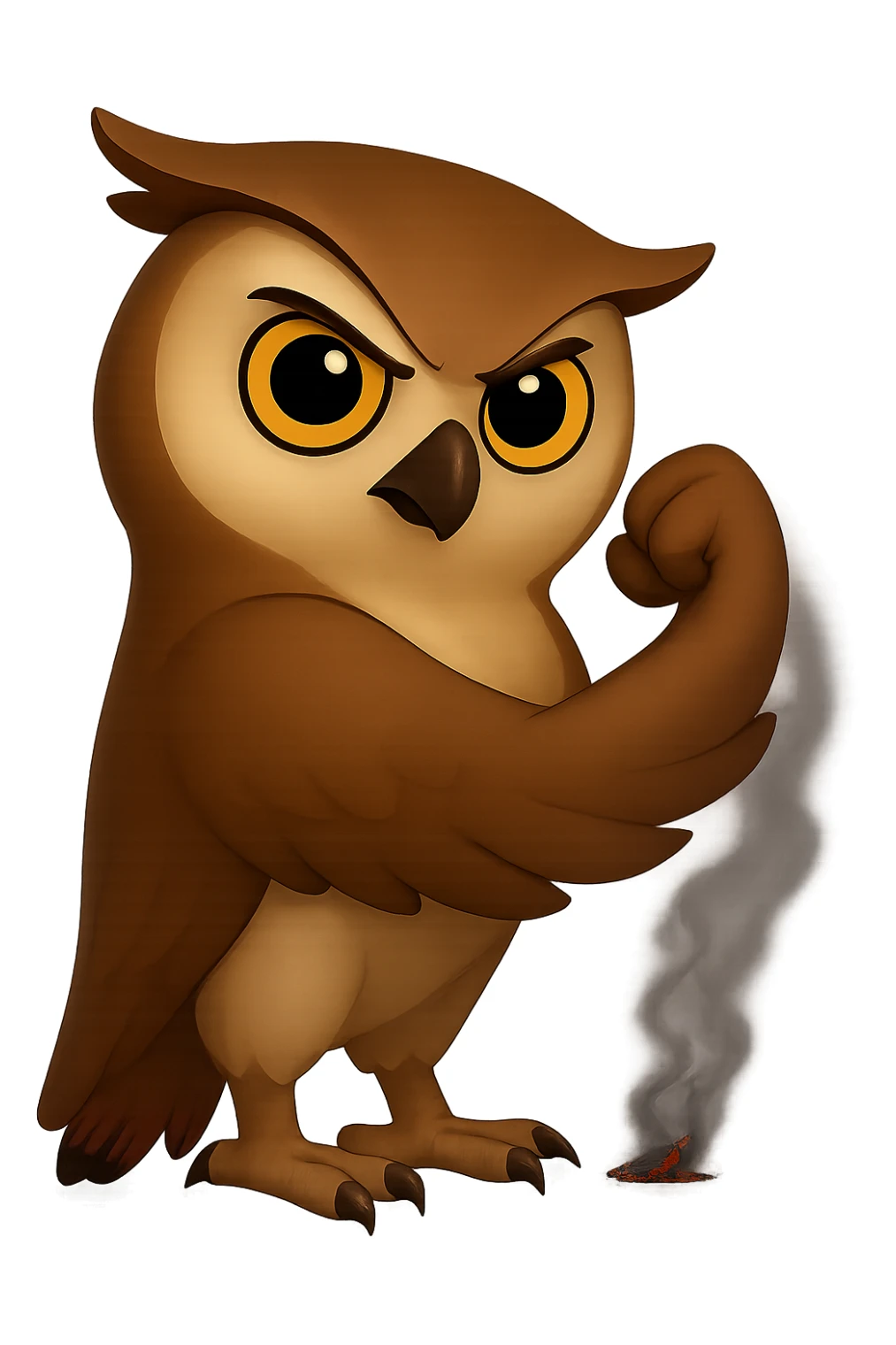 Точно такая же картинка и поза, только хвост совы слегка подгоревший и от него идет дымок, прозрачный фон sticker