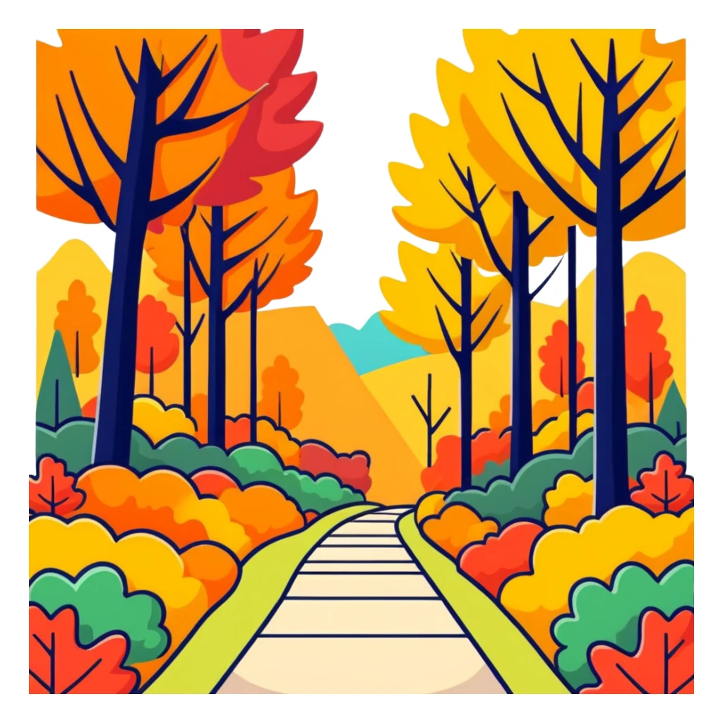 autumn forest with vibrant, multicolored leaves, trees, and a path sticker