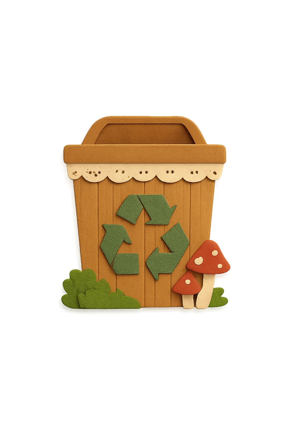 whimsical empty recycling bin icon wooden container with lace trim, moss, mushrooms, cottagecore style, transparent background, no text sticker