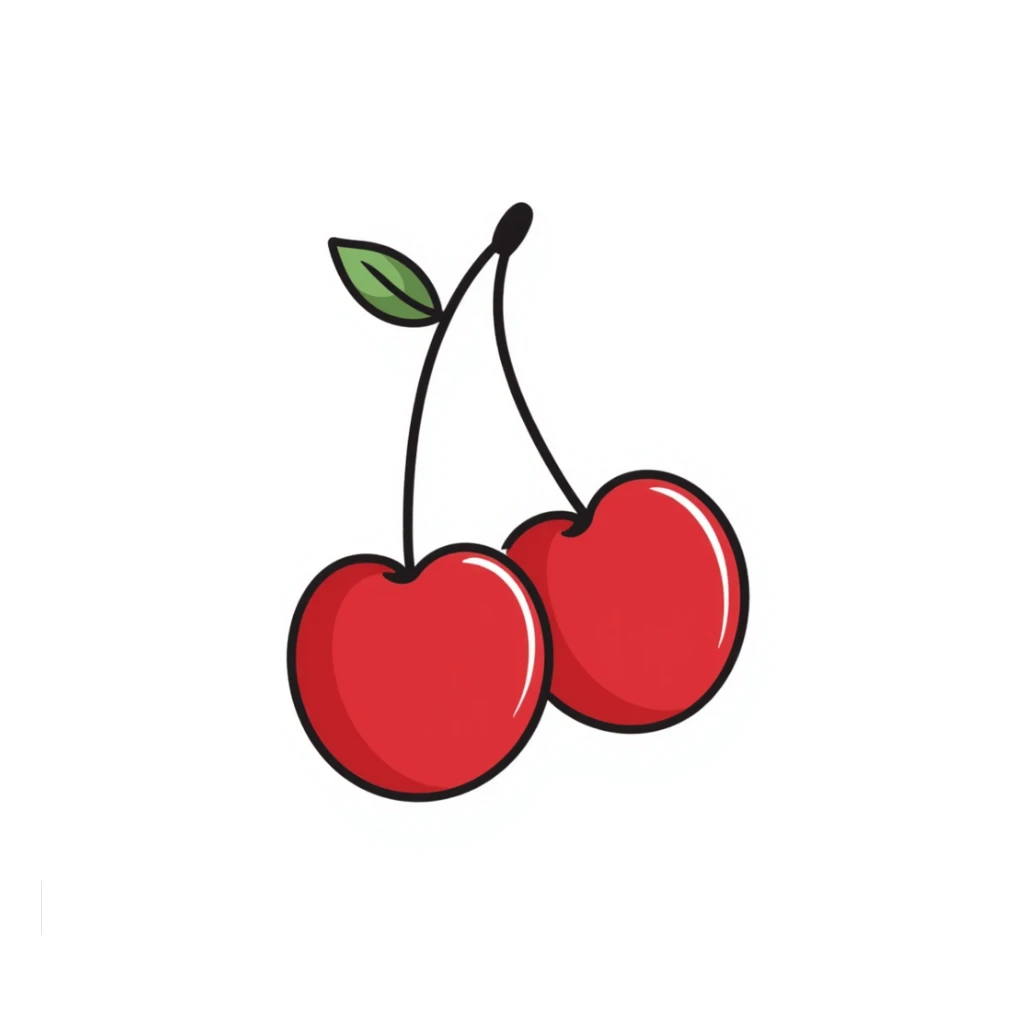 Hand-drawn two red cherries hanging from a thin branch with small leaves sticker