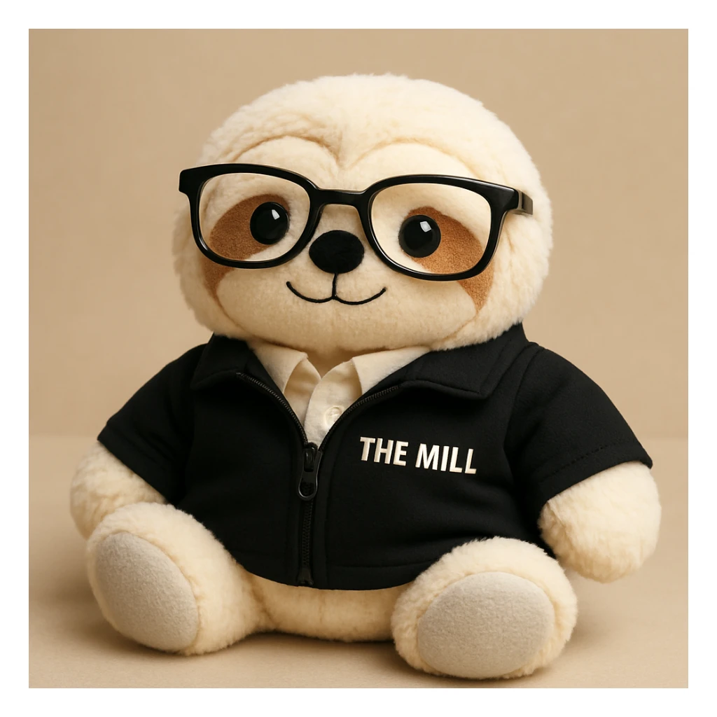 Make this sloth look like a plushy, soft and cuddly toy, inspired by the reference photo, but still wearing a black 'The Mill' jacket and looking business savvy. The style should reflect a plush toy softness and cuddliness. sticker