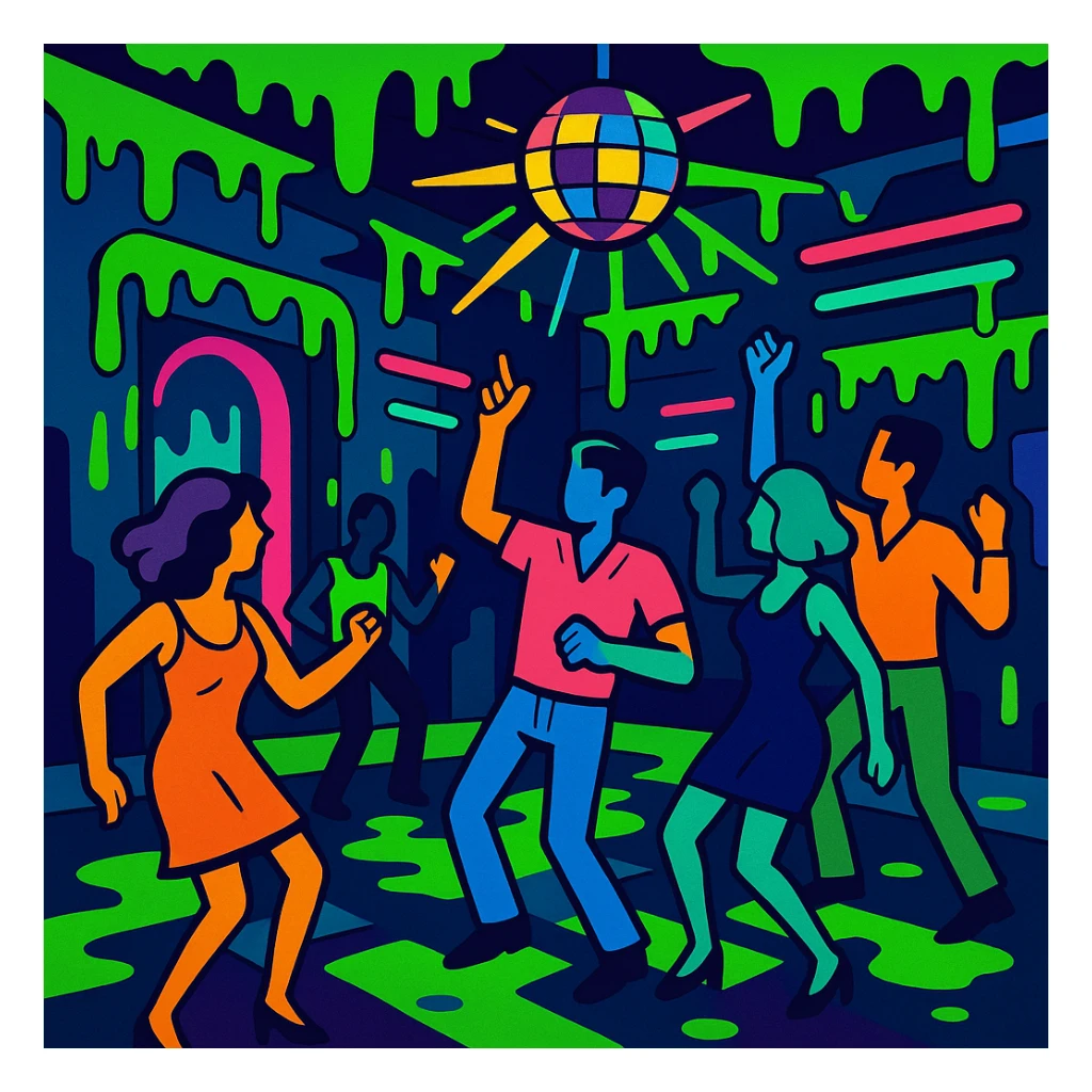 a vibrant toon style dance hall covered in slime, neon lights, and dancing figures sticker