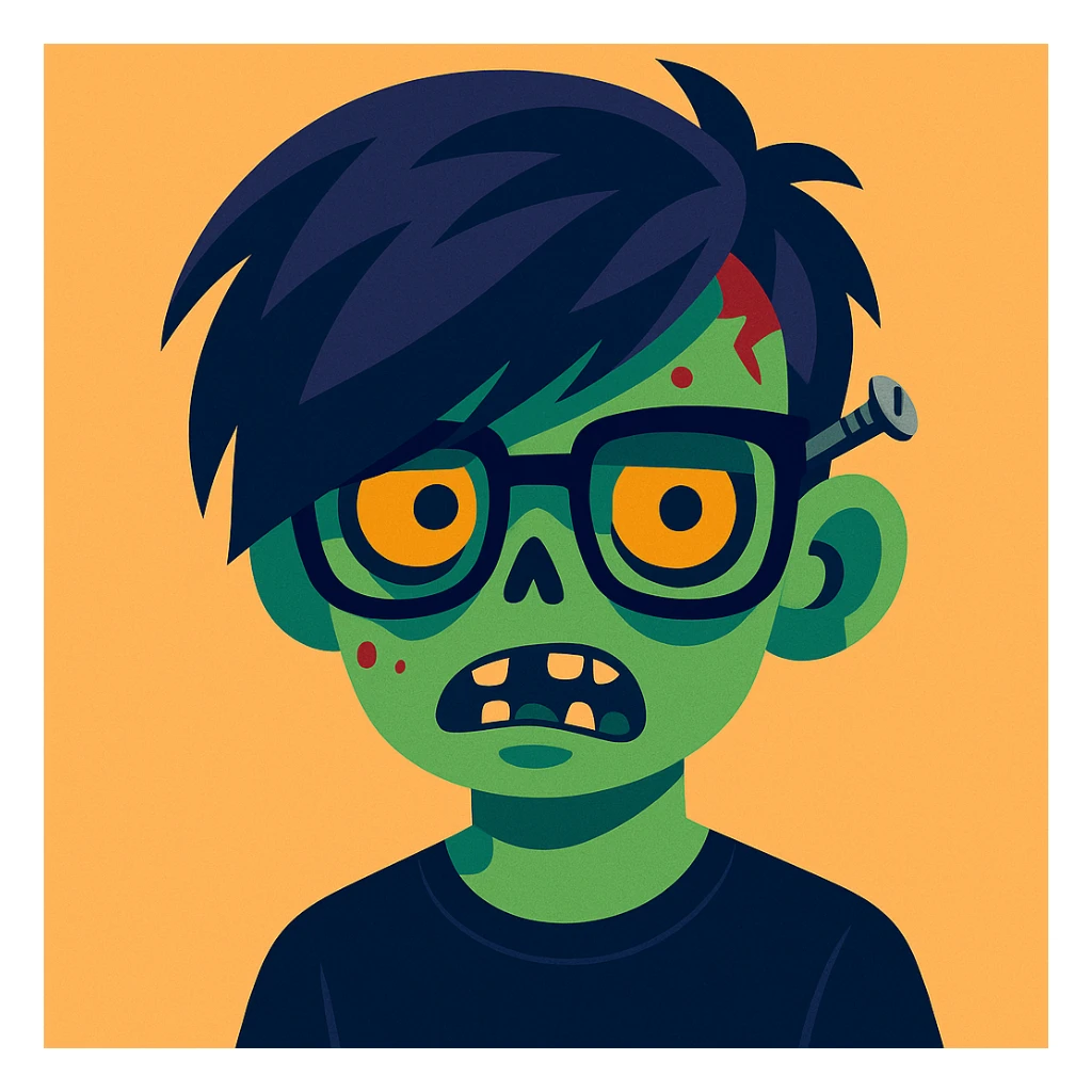 zombie boy with emo hair, screwed glasses, and black shirt, modern illustrated style sticker