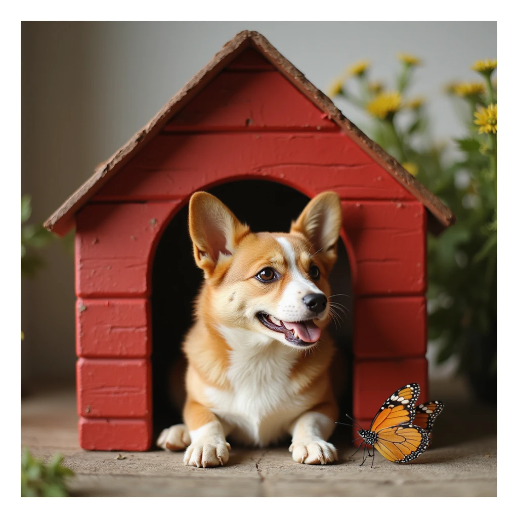 realistic red dog house with a Corgi dog inside, Corgi with a butterfly, photorealistic style sticker