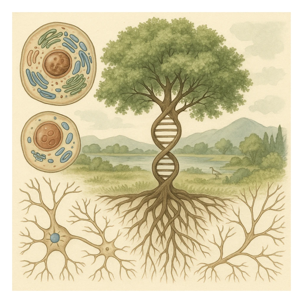 A realistic biological illustration showing: DNA strands transitioning into a tree, cells with visible organelles, neurons connected to plant roots  and a balanced ecosystem background . Seamless integration, no labels or borders. Scientific color scheme, detailed but minimalist. sticker
