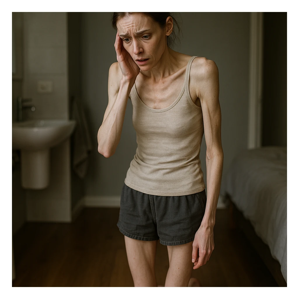 hyper realistic woman on a scale who has lost weight too quickly, worried expression, realistic details, atmosphere suggesting discomfort, scene in bathroom or bedroom sticker